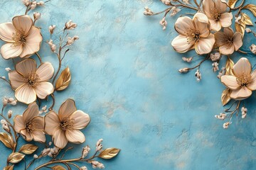Elegant Blue and Gold Floral Background with 3D Flowers and Leaves for Luxury Design Projects, Invitations, and Decorative Art