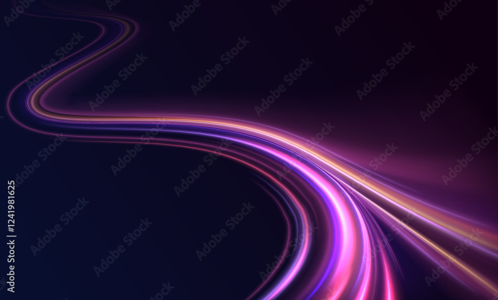 Poster lines in the shape of a comet against a dark background. vortex streams of neon light. glitter spark