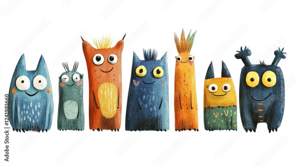 Poster playful and quirky abstract creatures - cute and funny characters with unique personalities and colo