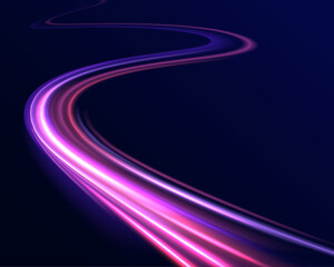 Light trail wave, fire path trace line, car lights, optic fiber and incandescence curve twirl. Trendy geometric neon collage for speed movement. Acceleration speed motion on night road.	