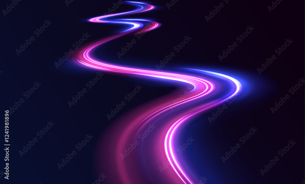 Poster High tech concept with luminous arrows moving to side. Neon color glowing lines background, high-speed light trails effect.	