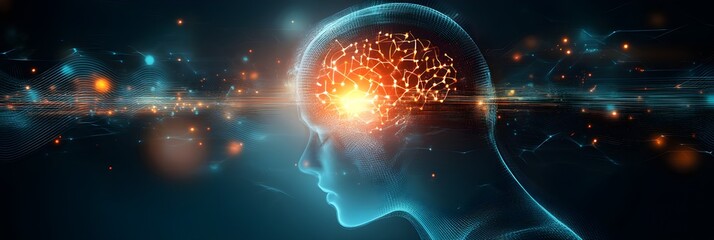 A futuristic digital illustration, depicting a glowing human head with a neural network inside the brain. The abstract background features data flow, glowing conn