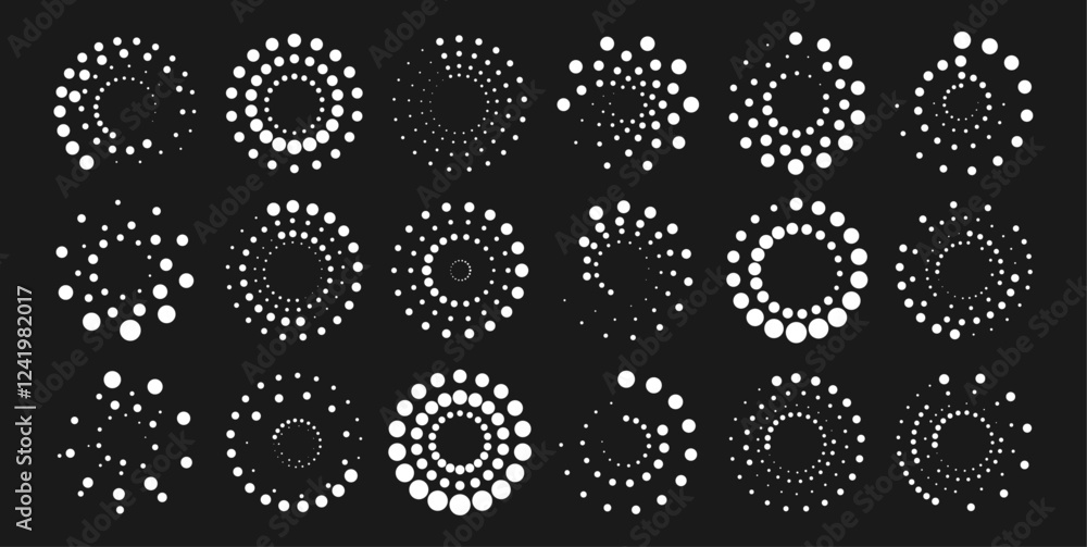 Fototapete Set of swirl abstract ripple elements. Abstract round halftone frames, rotating dotted circles on black background. Dot circle pattern. Orange round halftone dot patterns. Spiral halftones frame. PNG	
