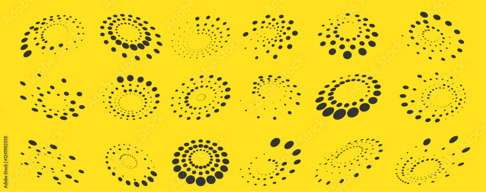 Poster Halftone round dot pattern and spiral ellipses on yellow background for your design. Halftone dots in circle form. Abstract round halftone circle frames, rotating dotted circular shapes. 