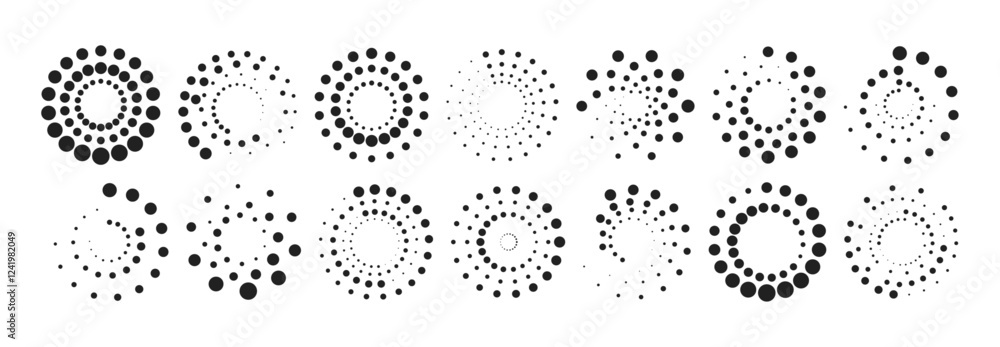Aufkleber Big collection of round Logos. Abstract circle with lines as a spiral or propeller. Round dotted pattern geometric background.Abstract round halftone circle frames, rotating dotted circle shapes.	