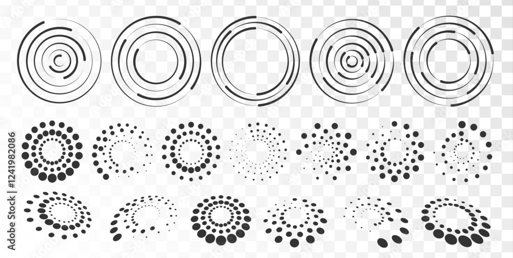 Aufkleber Abstract circle with lines as a spiral or propeller. Circle dotted speed lines. Abstract round halftone circle frames, rotating dotted circle shapes. Halftone circular dotted frames set.	