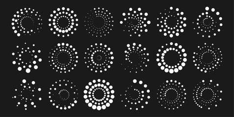 Set of swirl abstract ripple elements. Abstract round halftone frames, rotating dotted circles on black background. Dot circle pattern. Orange round halftone dot patterns. Spiral halftones frame. PNG	