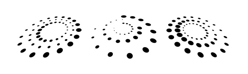 Big collection of round Logos. Abstract circle with lines as a spiral or propeller. Round dotted pattern geometric background.Abstract round halftone circle frames, rotating dotted circle shapes.	