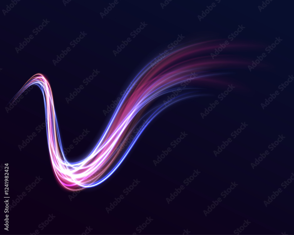 Poster 	
Lines in the shape of a comet against a dark background. Vortex streams of neon light. Glitter sparkle star trail, light effect, abstract waves flow vector illustration.	
