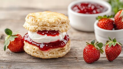 Golden-brown scone split open, layers filled with glossy strawberry jam and creamy clotted cream, served on a rustic wooden table, food photography concept