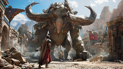 Gigantic creature in a game scenario fighting a hero character.