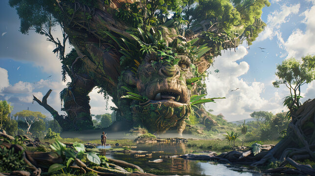 Fototapeta Gigantic creature in a game scenario fighting a hero character.