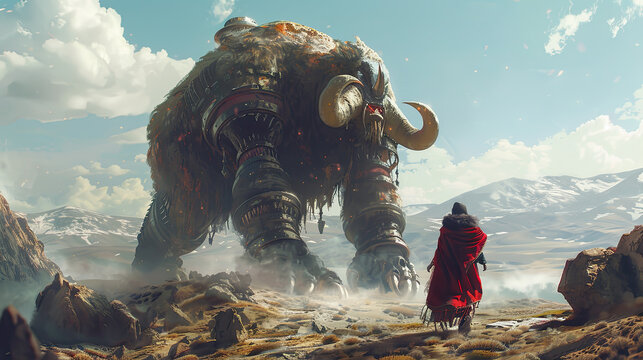 Fototapeta Gigantic creature in a game scenario fighting a hero character.