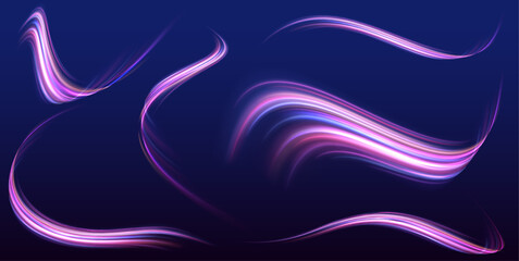 Set of glowing speed spirals on dark background for your neon design. Abstract vector fire circles, sparkling swirls and energy light spiral frames.	