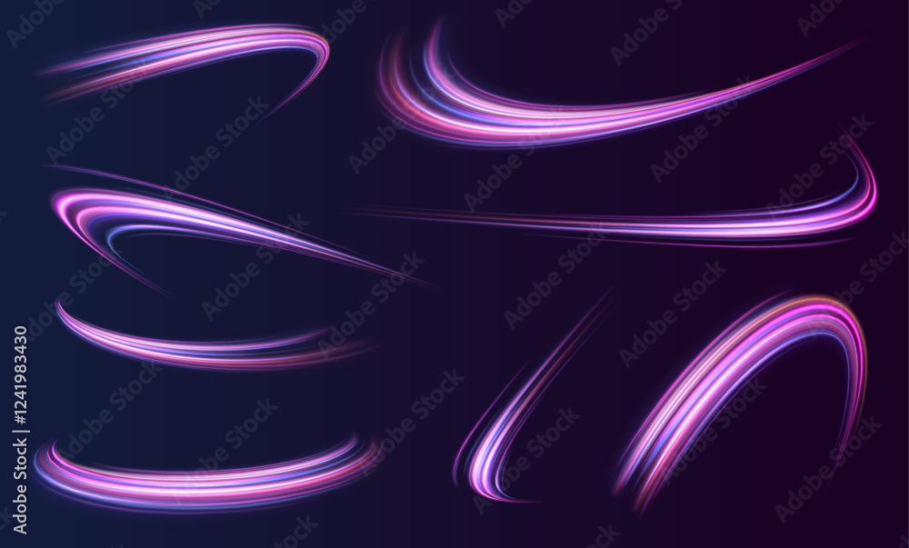 Poster set of bright neon speed lines. high speed effect motion blur night lights in blue and red colors, a