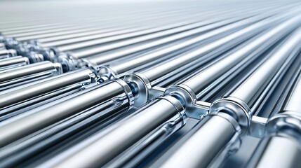 High-detail shot of smooth conveyor belts in parallel angles, with sharp metallic textures contrasting the stark white backdrop, modern machinery concept