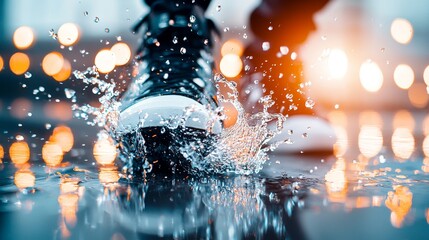 High-detail view of a sound engineer adjusting equipment as footsteps on wet pavement are recorded, water splashes in focus, recording session concept