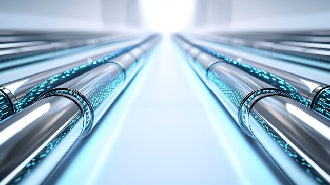 High-detail shot of smooth conveyor belts in parallel angles, with sharp metallic textures contrasting the stark white backdrop, modern machinery concept