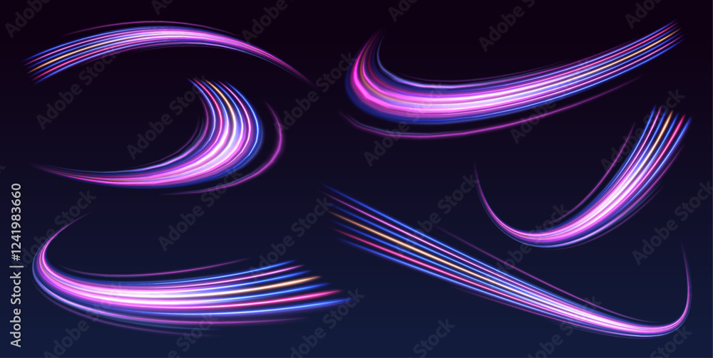 Aufkleber set of glowing speed spirals on dark background for your neon design. abstract vector fire circles, 