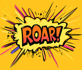 The word "ROAR!" written in an old comic book style on a yellow background, with bold lines and high contrast.