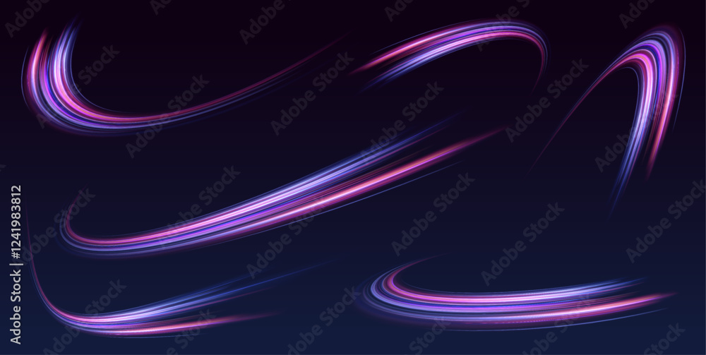 Leinwandbilder Set of neon speed lines on transparent background. Vortex streams of neon light. Abstract vector fire circles, sparkling swirls and energy light spiral frames.	