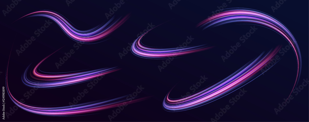 Fototapete Set of glowing speed spirals on dark background for your neon design. Abstract vector fire circles, sparkling swirls and energy light spiral frames.	