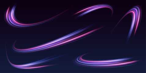 Set of neon speed lines on transparent background. Vortex streams of neon light. Abstract vector fire circles, sparkling swirls and energy light spiral frames.  © Mirotvoric