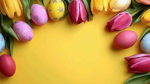Bright yellow background with pastel Easter eggs and tulips
