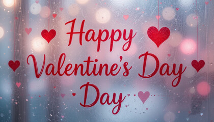 Valentines day background with heart pattern and typography of Happy Valentine's Day text. Inscription on a frozen window pane.