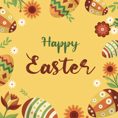 A festive design for Happy Easter. Bright eggs and spring flowers. Design in modern style. Vector illustration of decorative elements