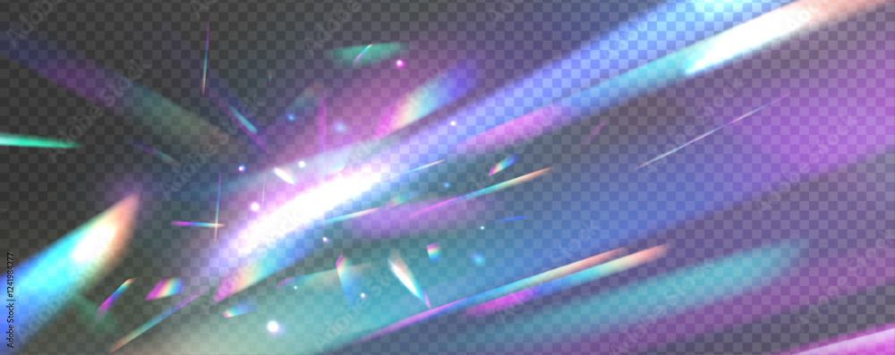 Leinwandbilder Iridescent crystal leak glare reflection effect. Ethereal Lens rainbow light streak transparent effect. Transparent light refraction pattern for adding effects to backgrounds and objects.
