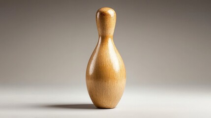 A single worn bowling pin, its surface cracked and scuffed, displayed under soft lighting, evoking a sense of nostalgia for classic sports
