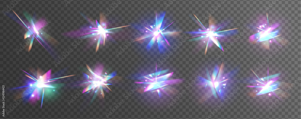 Poster crystal rainbow light effects. overlay for backgrounds.triangular prism concept. holographic falling