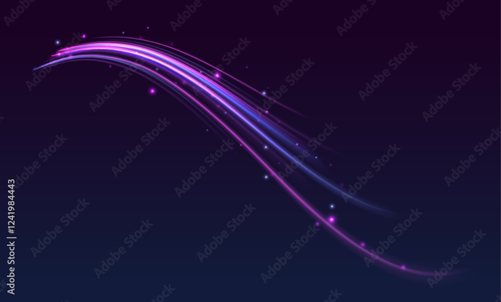 Poster Speed connection vector background. Vector swirl trail effect. Light trail wave, fire path trace line, car lights, optic fiber and incandescence curve twirl.	
