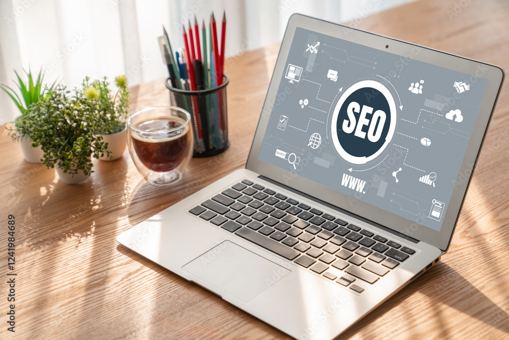 Poster seo search engine optimization for modish e-commerce and online retail business showing on computer 