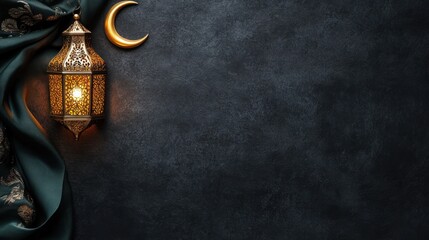 ramadan lantern with crescent moon and green fabric on dark background, with copy space for text