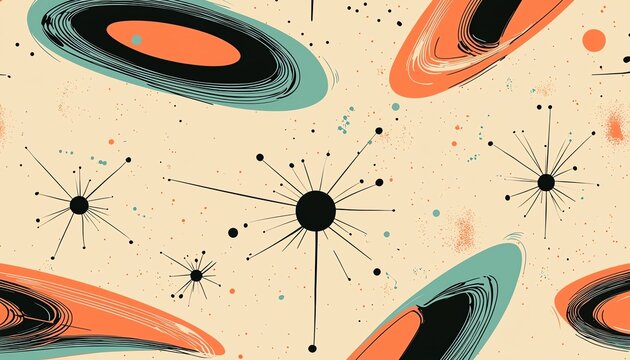 1955s atomic style pattern, abstract boomerang shapes, vintage space age aesthetic, retro atoms and stars, geometric flow, optimistic future, no watermark, no brand, no copyright