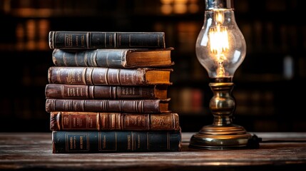 A tower of old leather-bound books with intricate stitching, faint engravings on covers, placed beside a vintage oil lamp on a wooden desk