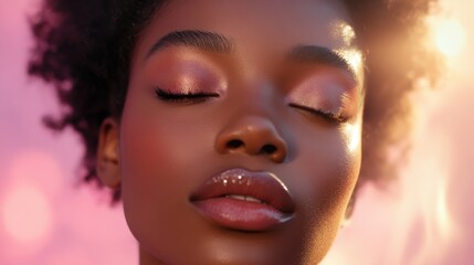 Beautiful Close-Up Portrait of Woman with Natural Makeup and Afro Hair