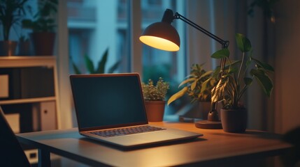 Fototapeta premium Home Office with LED Desk Lamp and Laptop in Eco-Mode