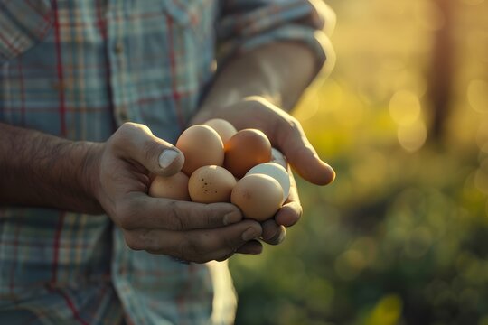 Fresh farm eggs held by man's hands at sunset. Organic poultry farming concept. Easter, World Egg Day, Earth Day, Harvest Festival, and Farmers Market promotional image with golden hour lighting.