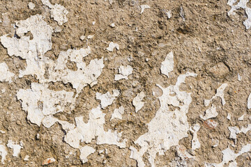 Weathered wall with peeling white paint revealing rough brown surface.