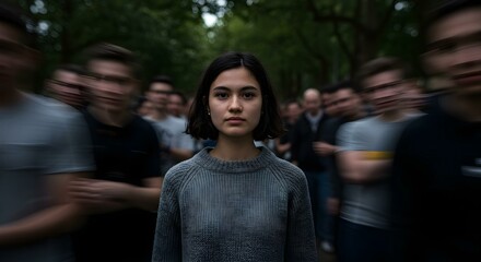 Fototapeta premium Serious Woman Standing Still While People Blur Around Her
