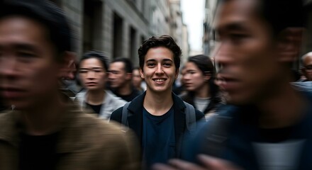 Obraz premium Young Man Smiling In A Fast-Paced City Crowd