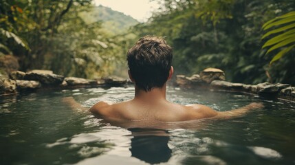 Fototapeta premium Professional Man Relaxing in a Hot Spring Surrounded by Nature