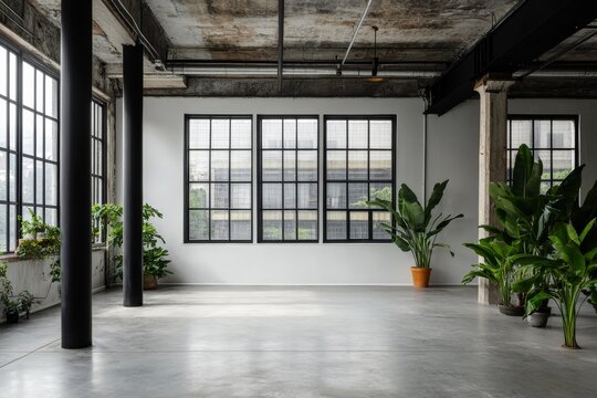 Spacious industrial loft interior with large windows, polished concrete floor, and potted plants.
