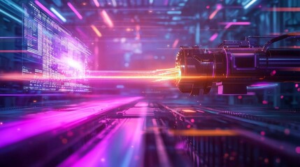 Fototapeta premium A smart manufacturing facility filled with self-driving machinery, augmented reality interfaces projected mid-air, vivid purple hues, futuristic illustration