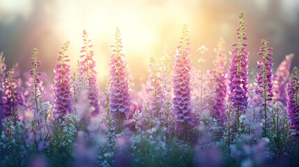 Naklejka premium Closeup of Foxglove flowering plant (Digitalis purpurea) in a garden, symbolizing danger and healing, with modern blurred background, empty space for text.