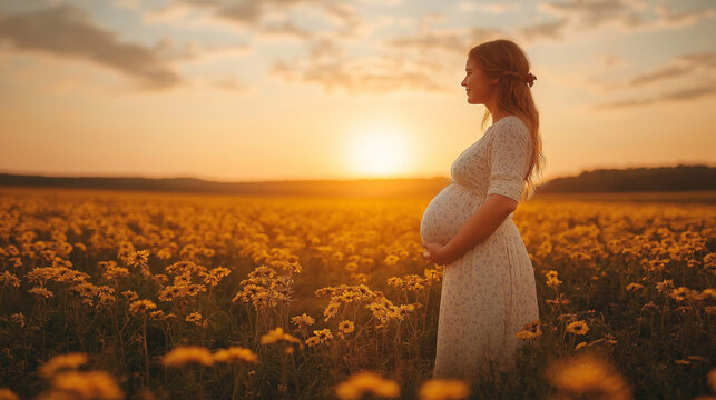 Pregnant woman feeling happy with new life , taking care of child. Young expecting mother holding baby in pregnant belly. Maternity prenatal care and woman pregnancy concept