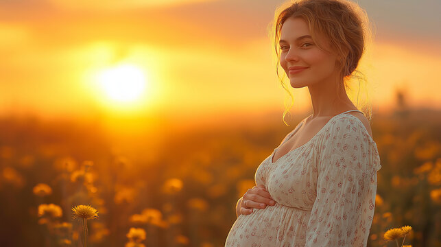 Pregnant woman feeling happy with new life , taking care of child. Young expecting mother holding baby in pregnant belly. Maternity prenatal care and woman pregnancy concept